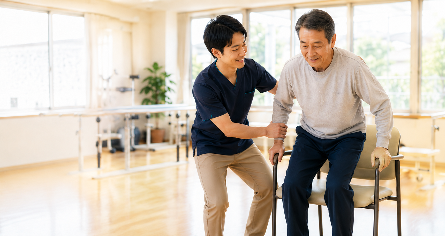 理学療法士が利用者の立ち上がり練習を支援する様子